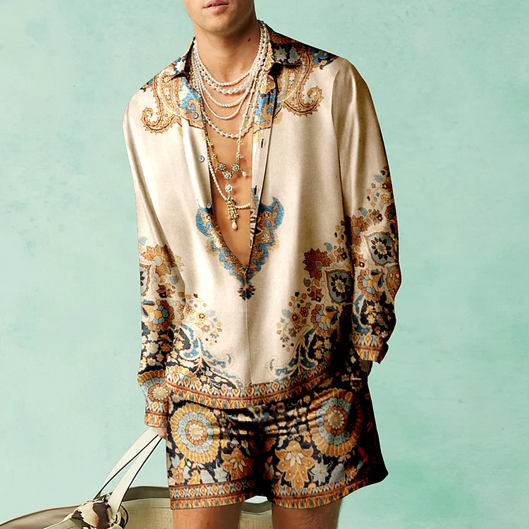 BrosWear Trendy Beige Baroque Print Shirt And Shorts Co-Ord