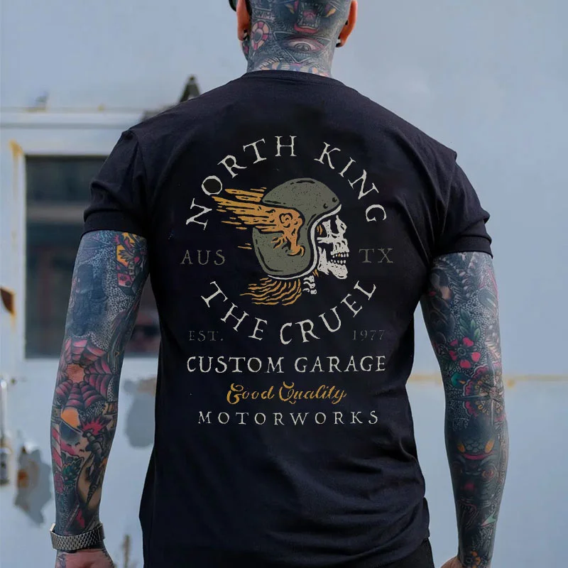 NORTH KING THE CRUEL CUSTOM GARAGE Helmet Skull Print Men's T-shirt