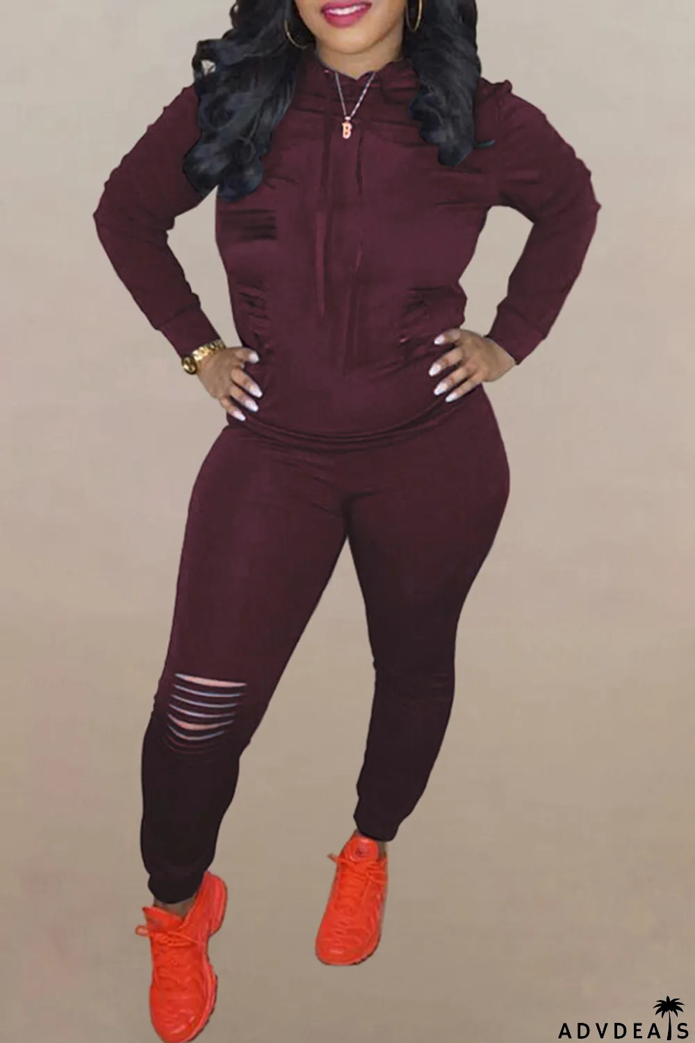 Brown Fashion Solid Ripped Hooded Collar Long Sleeve Two Pieces