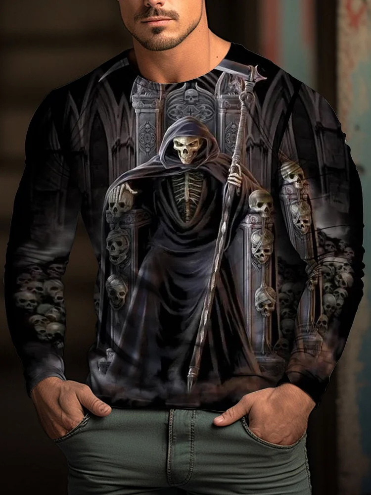 Men's Halloween Grim Reaper Ghost Skull Casual Print Long Sleeve T-Shirt