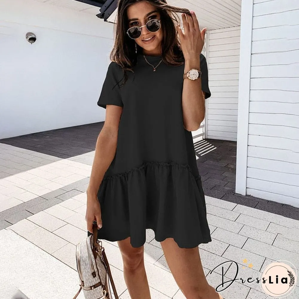 Loose Casual Short Sleeve Mini Dress Women Summer O-neck White Black Ruffles Big Hem Beach