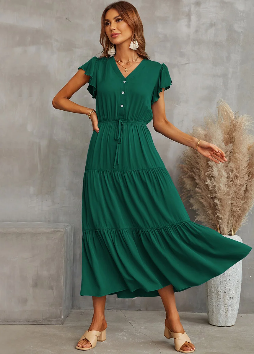 Solid V Neck Pleated Dress