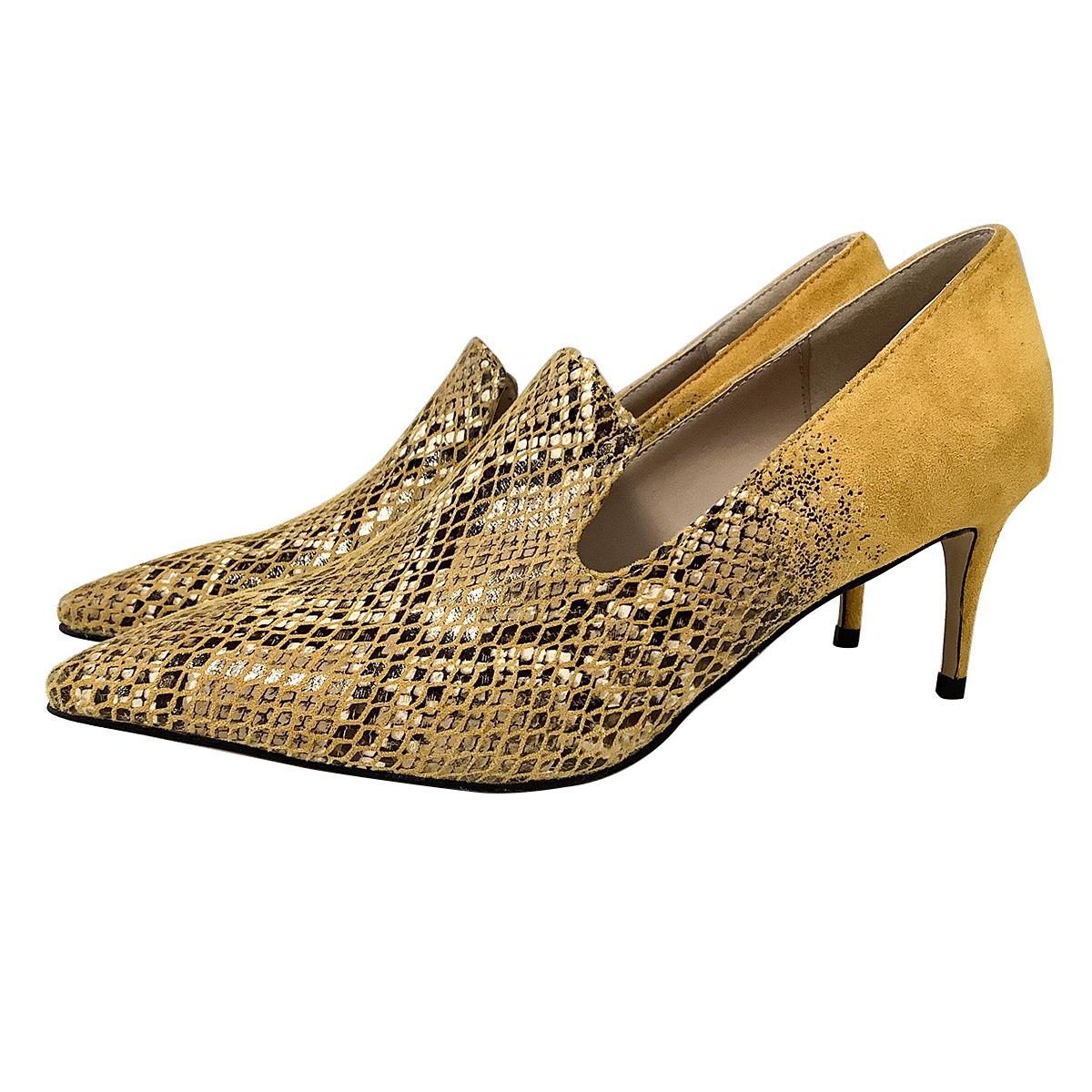 Women's Yellow Vegan Suede Snakeskin Pointed Toe Loafer Heels Nicepairs