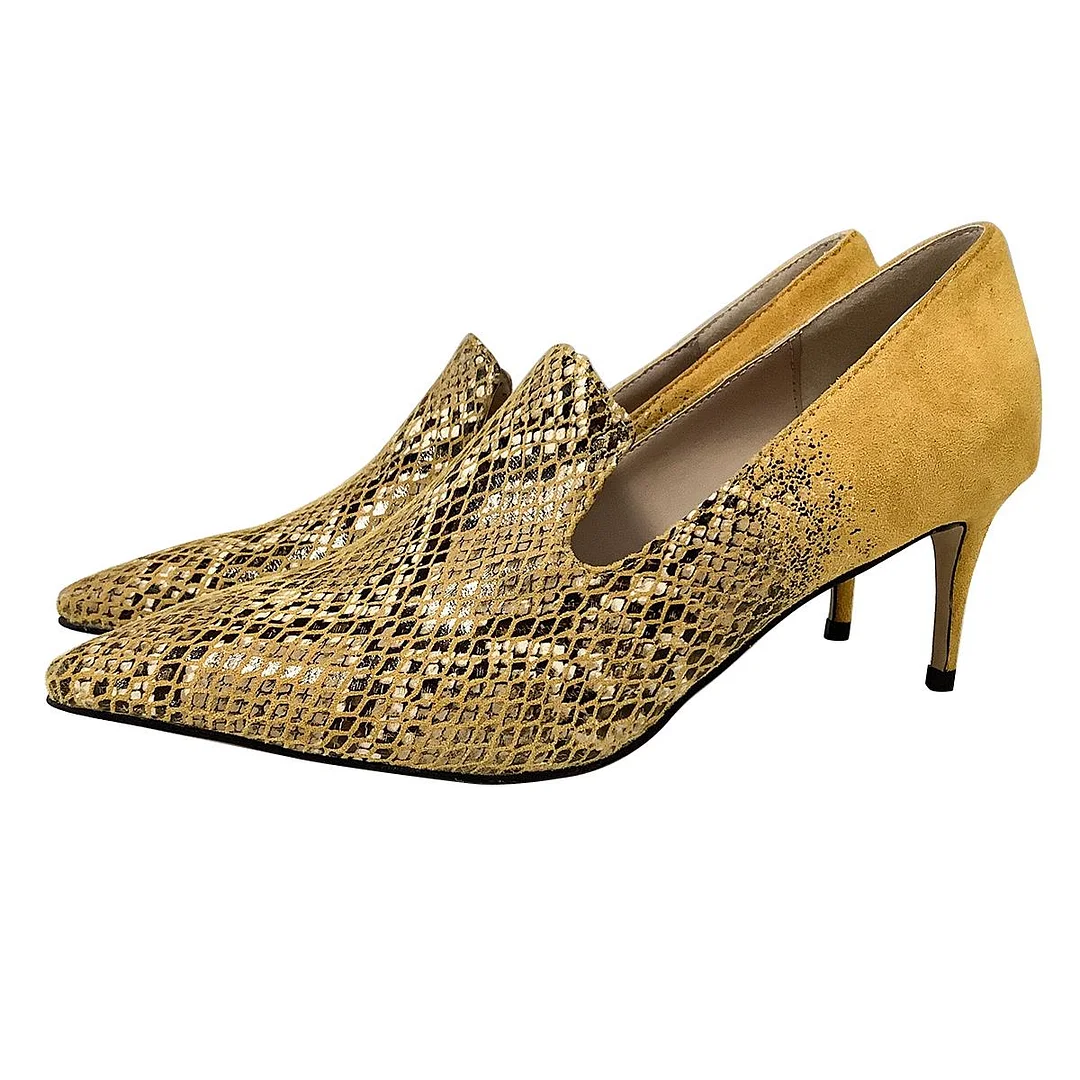 Yellow Snakeskin Pointed Toe Classic Kitten Heel Loafers for Women Nicepairs