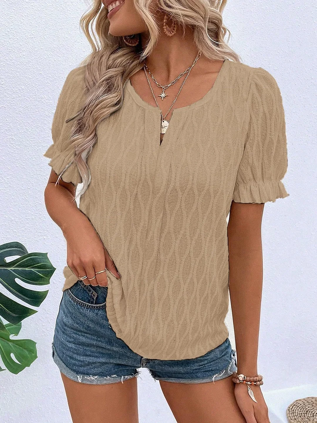 Women Short Sleeve V-neck Solid Color Tops