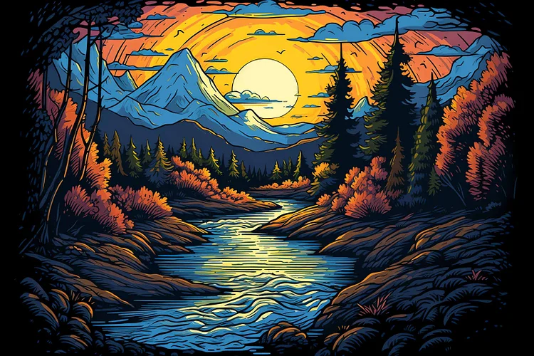Sunset, River with Mountain - Square Drills - 40*60cm