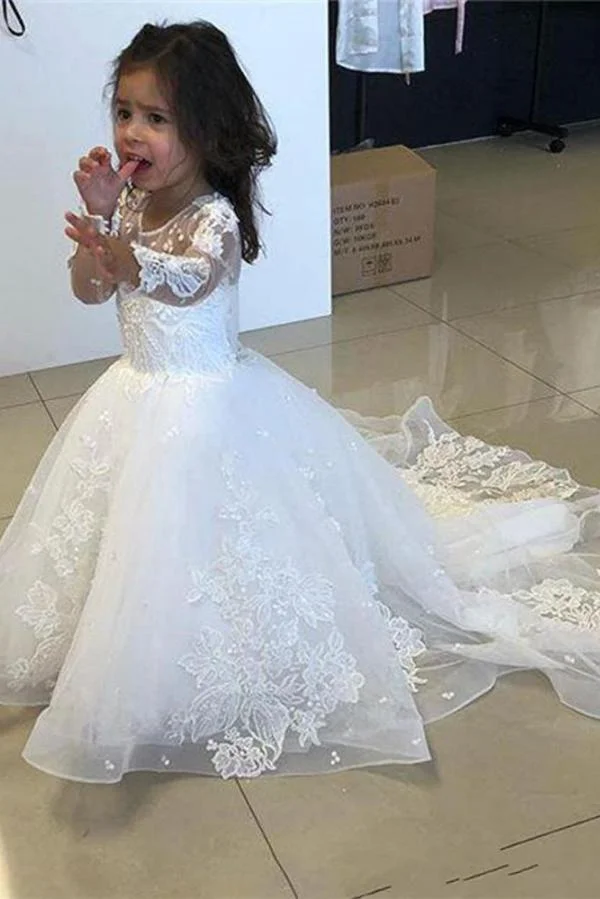 Hellodresses Jewel Long Sleeves A-line Flower Girl Dresses Tulle Lace with Appliques