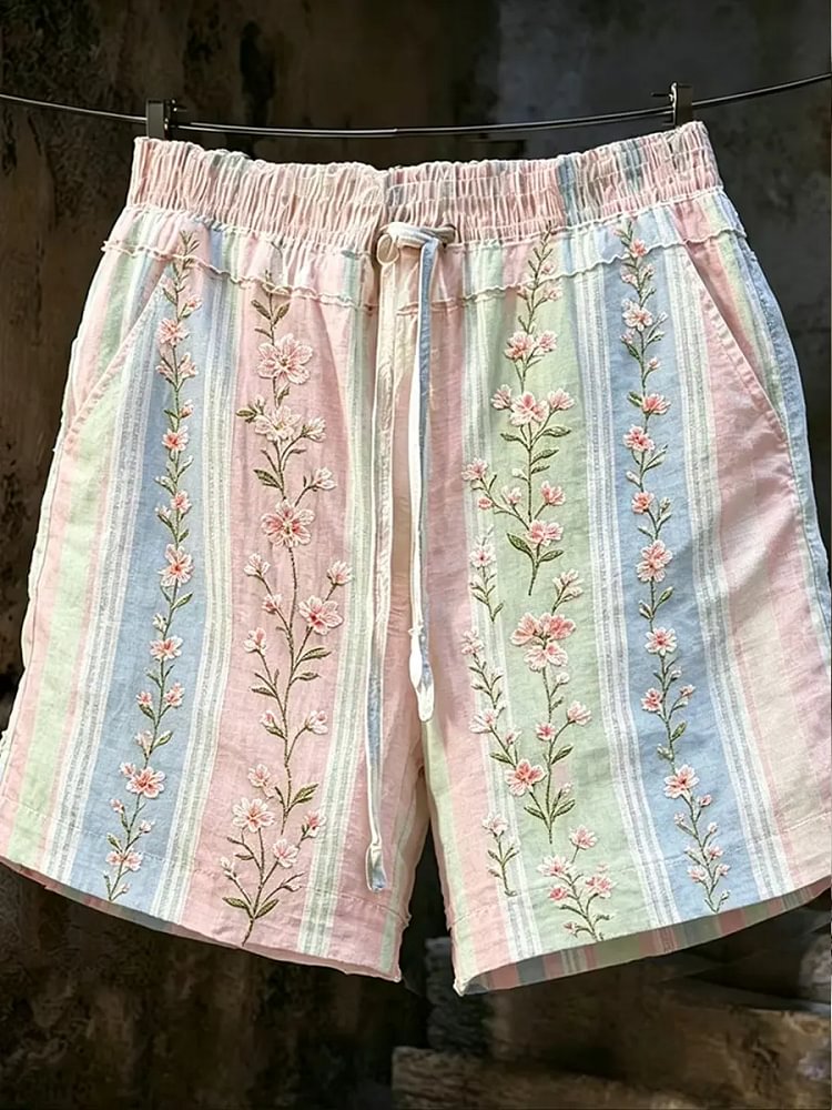 Women's Pastel Stripe Floral Print Casual Shorts