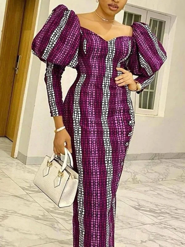 Square-Neck Puff Sleeve Long Sleeve Printing Slim Casual Maxi Dress