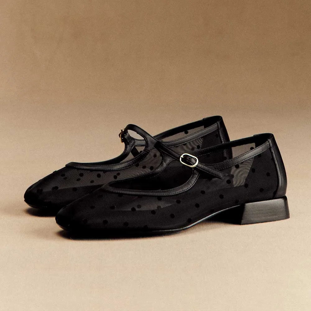 Black Square Toe Flat Polka Dot Women Mary Jane Shoes with Buckle