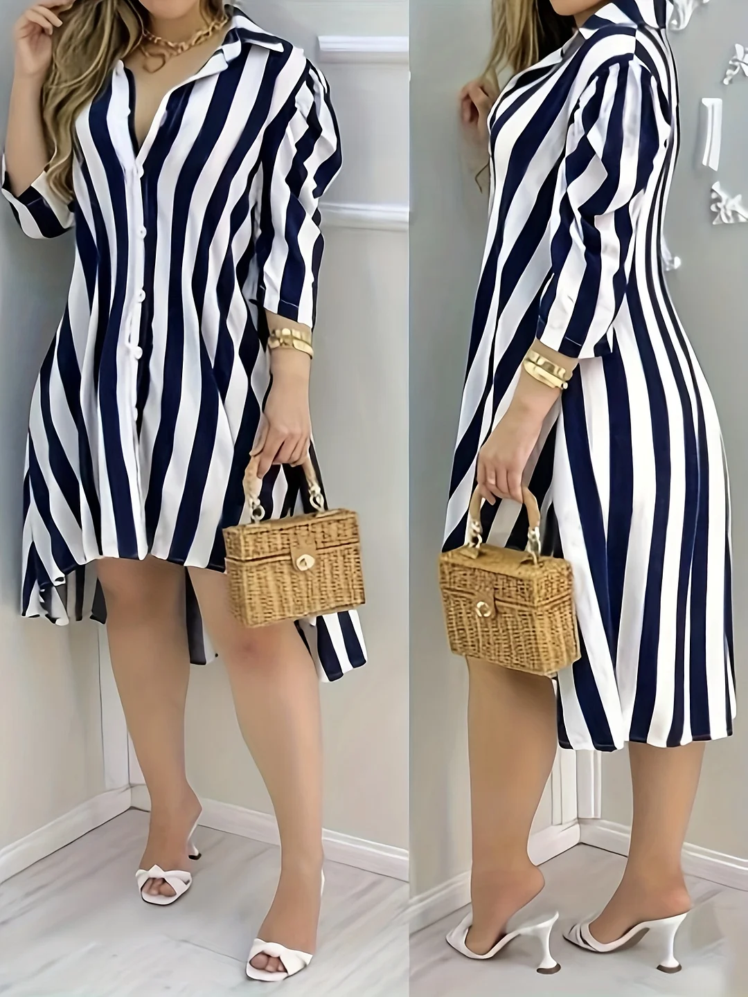Elegant Long Sleeve Striped Shirt Dress | Women's, Pleated Detail, Button-Up Collared Design, Machine Washable, Perfect For Spring/Summer/Fall Event | IFYHOME