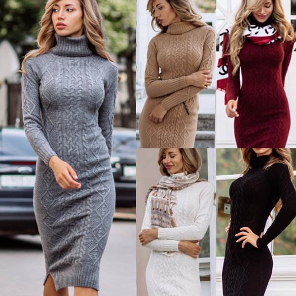 Women's Winter Warm Turtleneck Cable Knit Bodycon Sweater Dress Slim Long Knitted Dress Pullovers - Shop Trendy Women's Fashion | TeeYours