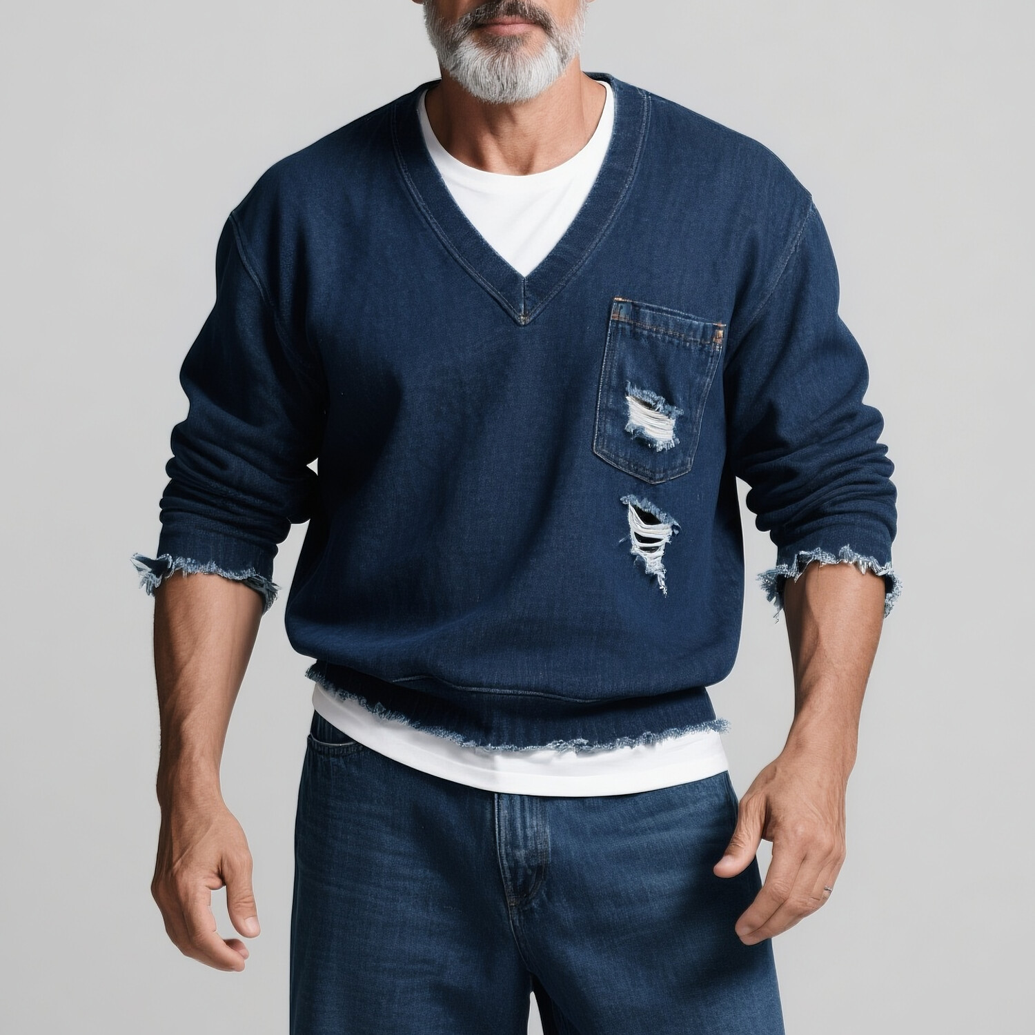 Men's Denim Ripped V Neck Long Sleeve Chest Pocket Raw Edge Sweatshirt