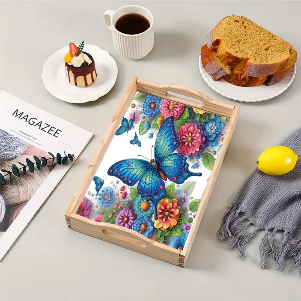 5D DIY Wooden Flower Butterfly Diamond Painting Serving Tray for Home Decor