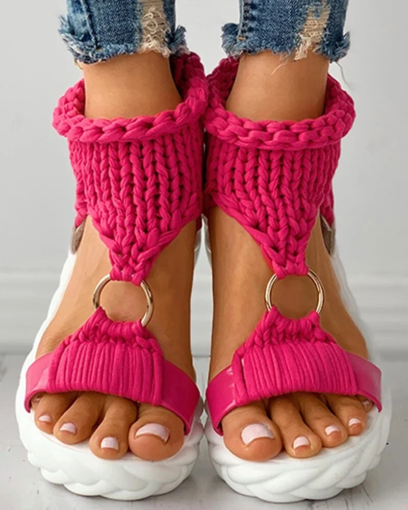 Ueong Women Fashion Sexy Beach Wear Flat Shoes Solid Color Braided Knit O-Ring Cutout Platform Sandals