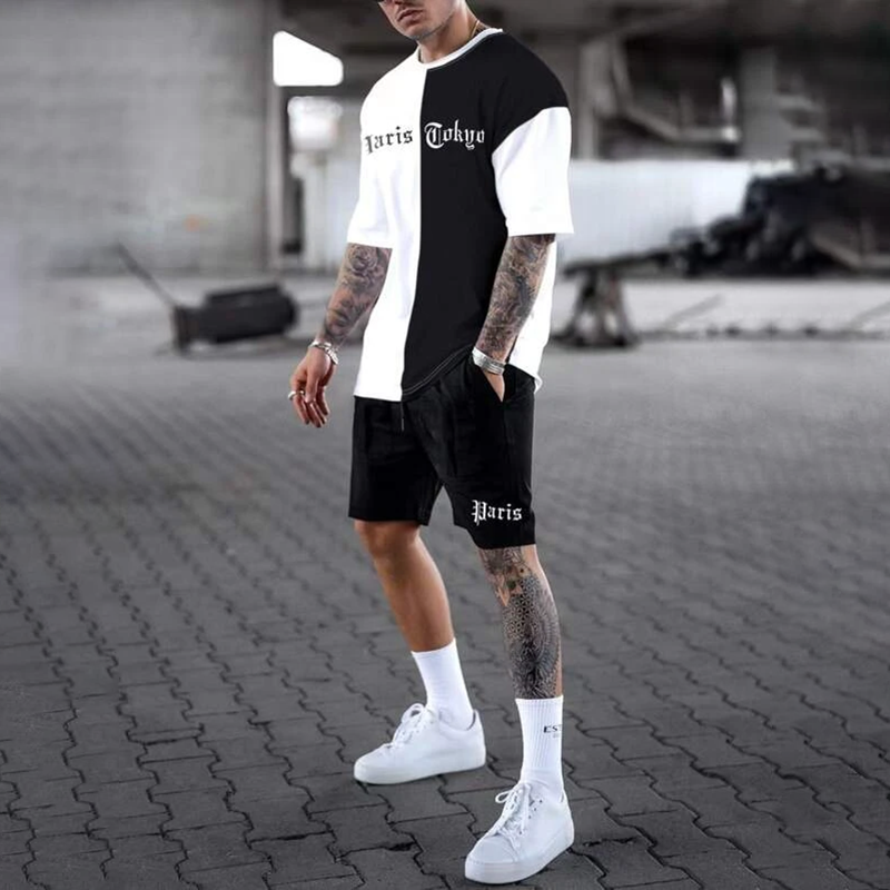 Men Letter Graphic Colorblock T-Shirt And Short Co-Ord