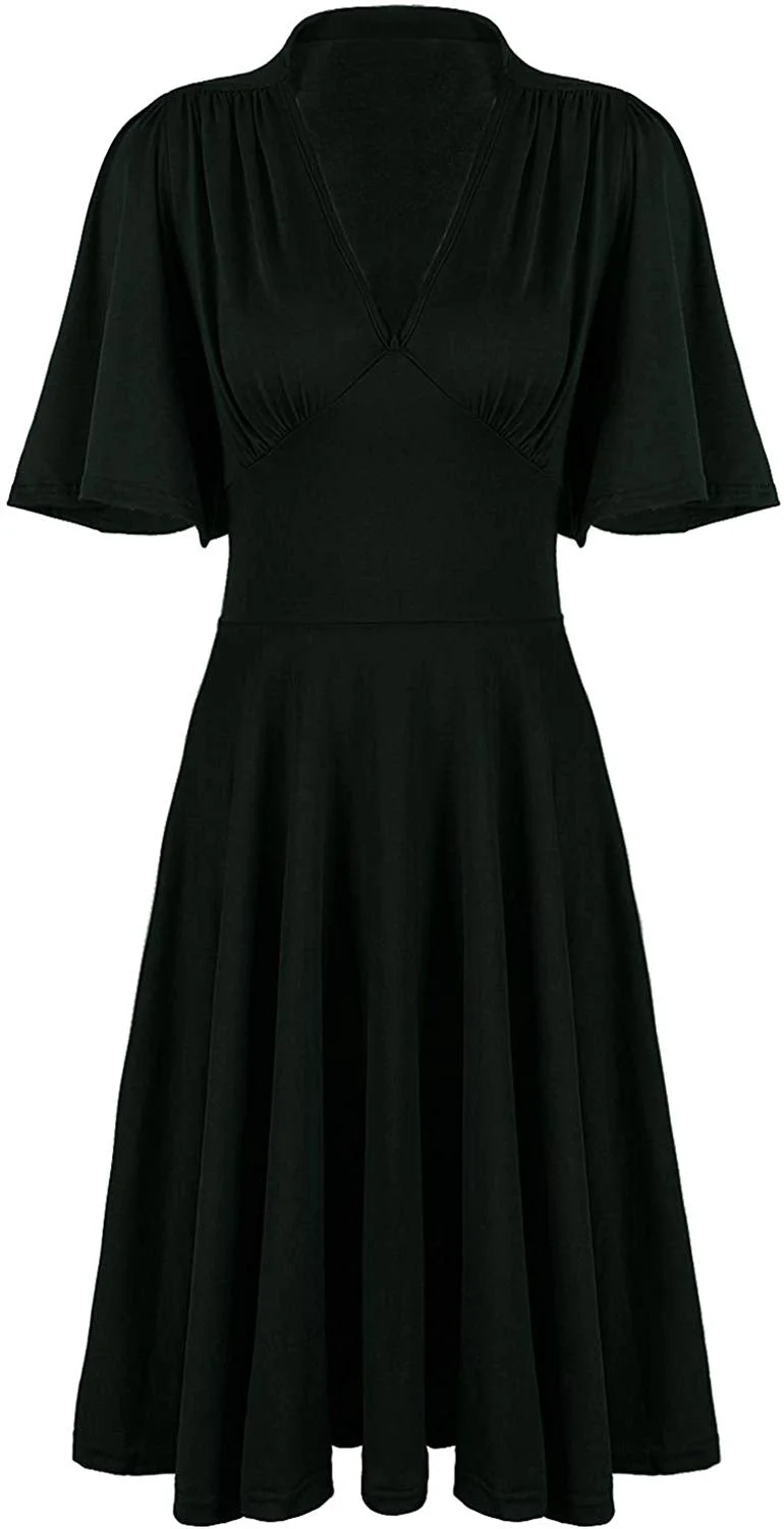Womens Vintage 1920s V Neck Rockabilly Swing Evening Party Cocktail Dress with Sleeves