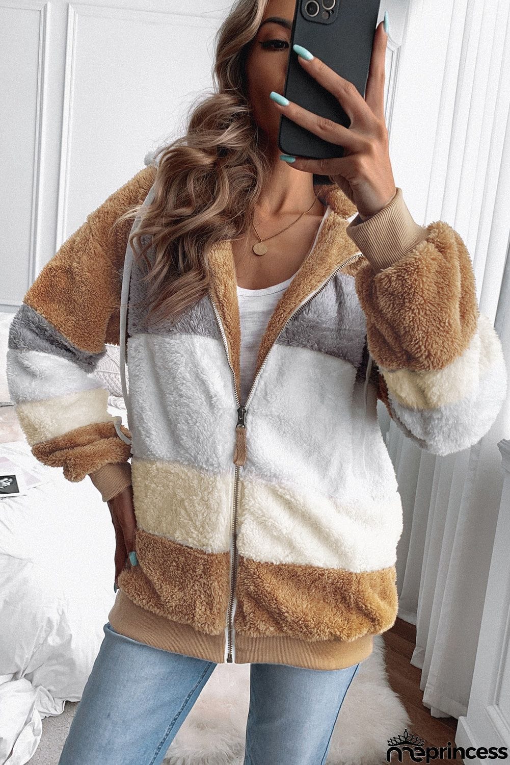 Colorblock Zip Up Sherpa Coat with Hooded