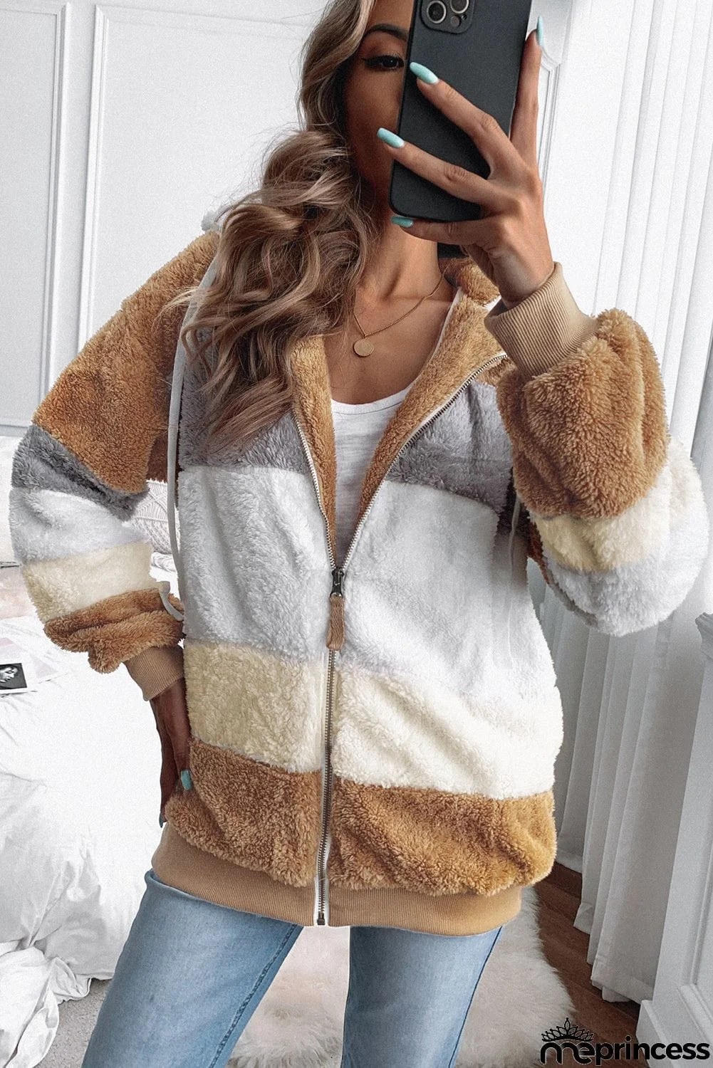 Colorblock Zip Up Sherpa Coat with Hooded