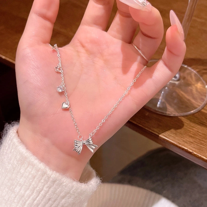 Modern Style Geometric Heart Shape Bow Knot Titanium Steel Copper Plating Inlay Zircon Pendant Necklace