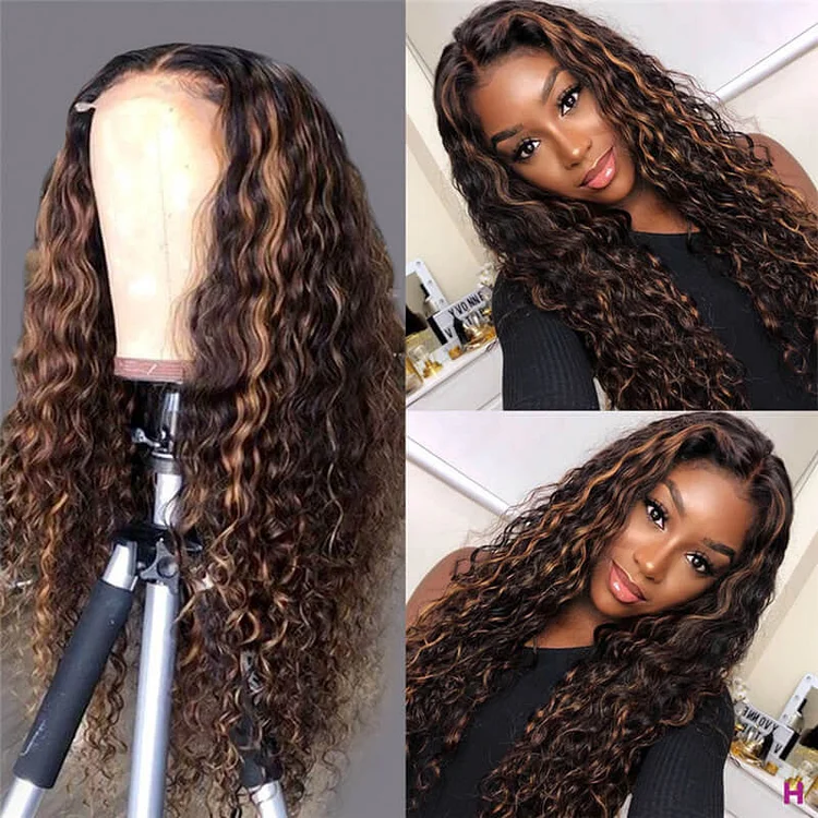Honey Brown Highlight 27 Curly Lace Frontal Wig