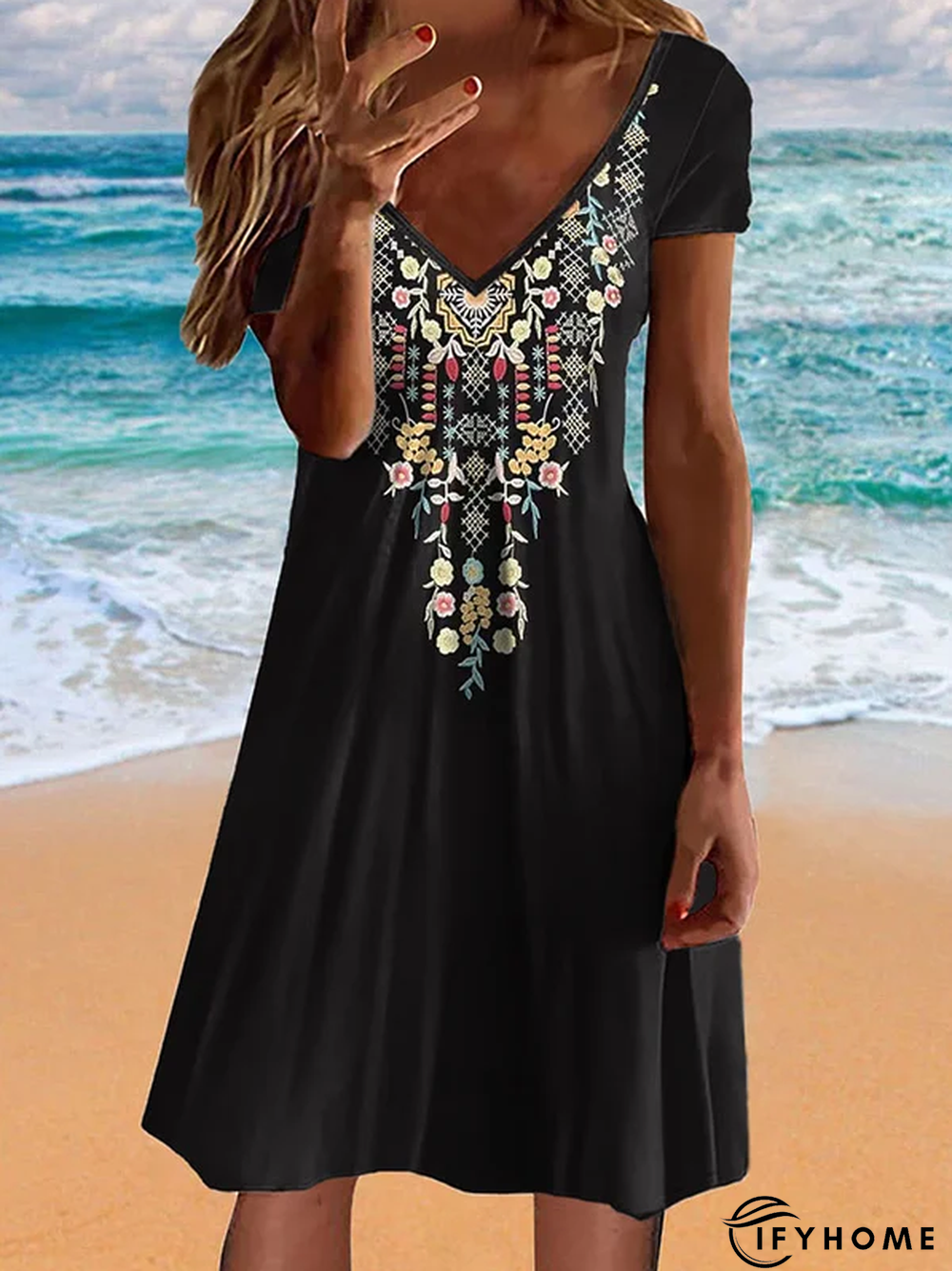 Women's Holiday Weekend Daily Loosen Short Dress Tribal V neck sleeve Casual Dress | IFYHOME