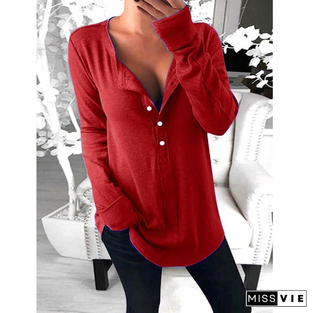XS-8XL Plus Size Fashion Clothes Women's Autumn and Winter Tops Solid Color Casual Long Sleeve Pullover Sweatshirts V-neck Button Up Loose T-shirts Ladies Solid Color Cotton T-shirts