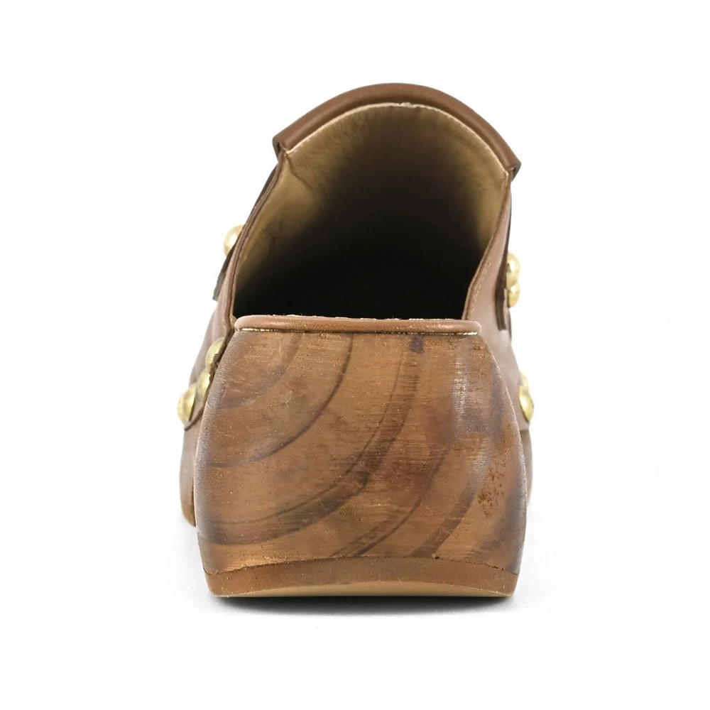 Brown Faux Leather Round Toe Clog Studded Fringe Platform Mules