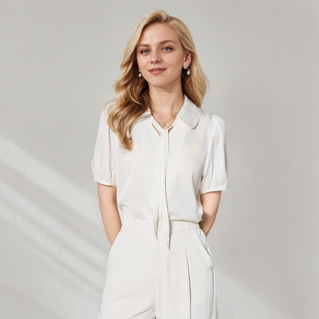 Tie Silk Short Sleeves Blouse REAL SILK LIFE