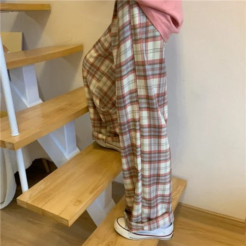 Wide-leg Pants Women Thick Fall Plus Size 4XL Chic Trendy Harajuku Plaid Teens High Waist Trouser Simple Korean Couples Clothing