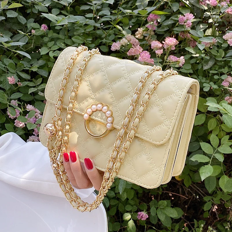 Pearl chain leather bag messenger lady