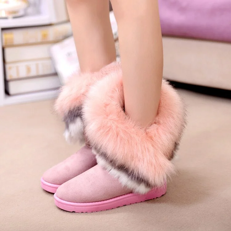 Qengg Women Fur Boots Ladies Winter Warm Ankle Boots for Women Snow Shoes Style Round-toe Slip on Female Flock Snow Boot Ladies Shoes