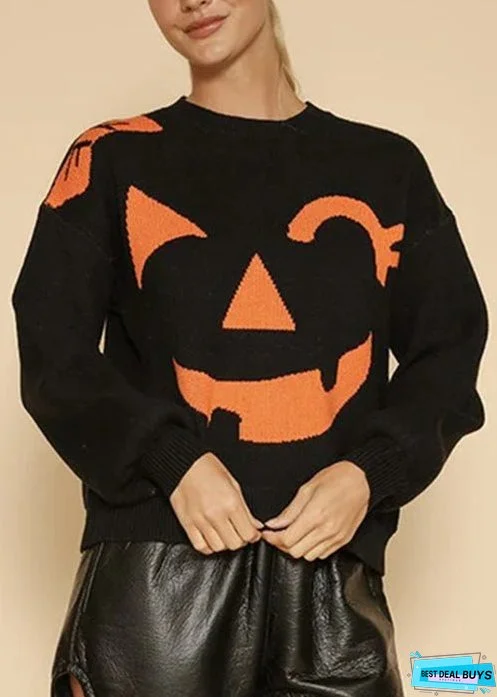 Smiling Face Patchwork Knit Top O Neck Long Sleeve