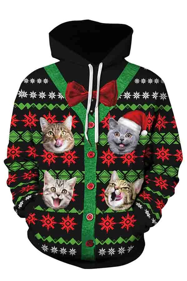 Long Sleeve Christmas Cat Print Pullover Hoodie Olive Green-elleschic