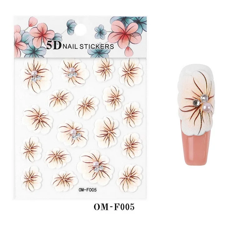 Nail Stickers Embossed 5D Flowers With Pearls Rhinestones Back Glue Nail Decals Decoration Tips For Beauty Salons-Nail Inspo
