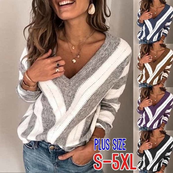 Women Loose Knit V-neck Striped Pullover Long-sleeved Sweater Plus Size S-5xl - Shop Trendy Women's Fashion | TeeYours