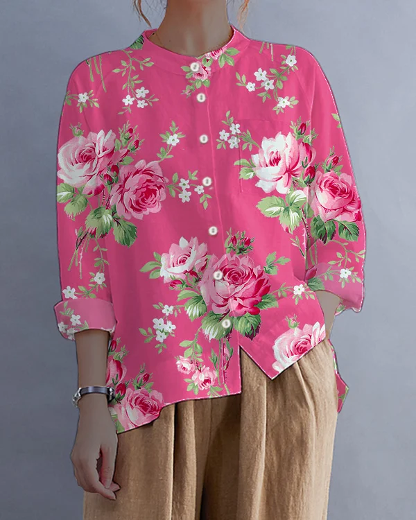 Vintage Pink Rose Cotton and Linen Long Sleeve Button-Down Loose Shirt