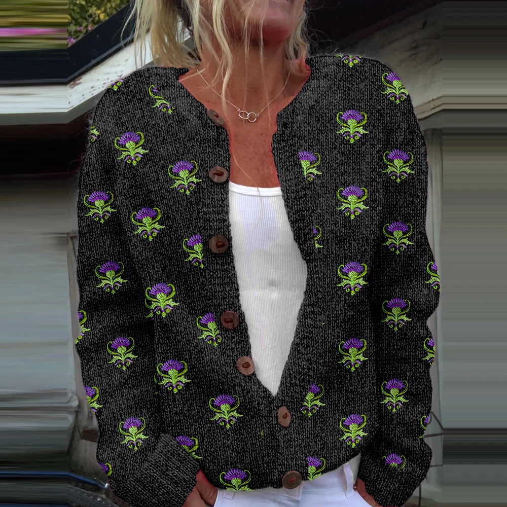 Scotland Thistle Embroidery Cozy Knit Cardigan