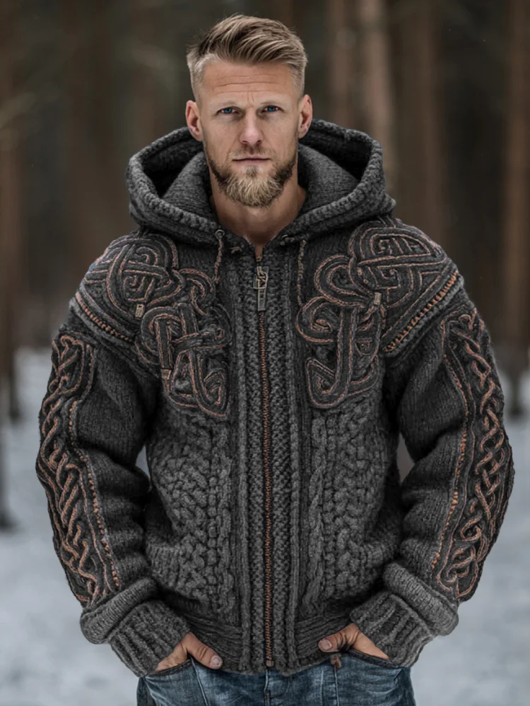 Men's Vintage Viking Celtic Knot Art Chunky Knit Hooded Zip-up Sweater