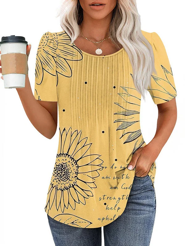Women's Short Sleeve Scoop Neck Floral Printed Graphic Tops