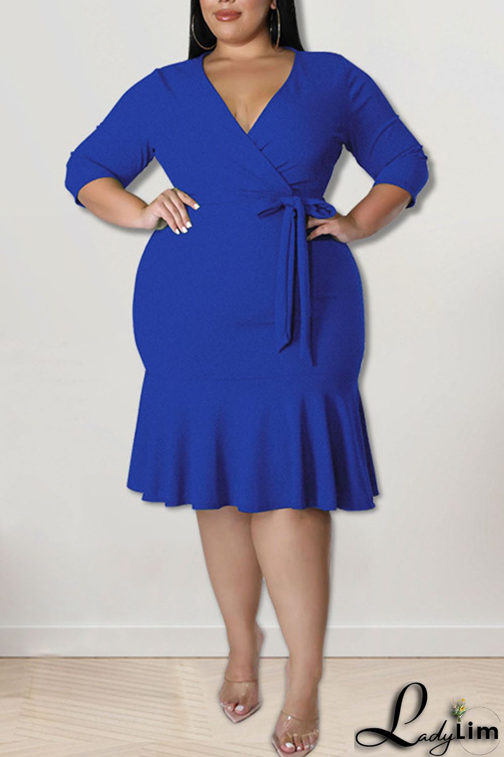 Black Casual Solid Bandage Patchwork Flounce V Neck Straight Plus Size Dresses