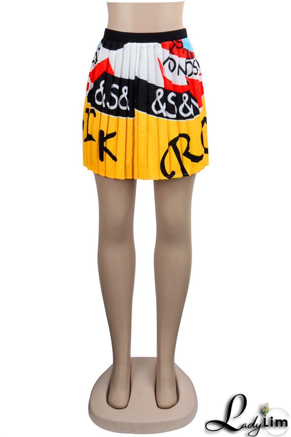 Pink Fashion Casual Print Patchwork Regular High Waist Pleated Skirt
