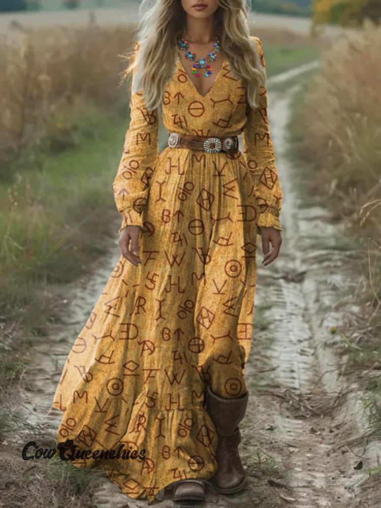 Women’s Yellow Vintage Cattle Brand Print Pocket Cotton Dress Multicolor / S