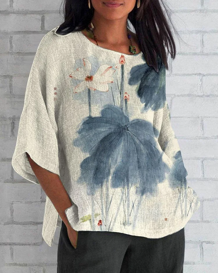 Crew Neck Ink Lotus Loose Cotton Linen 3/4 Sleeve Shirt