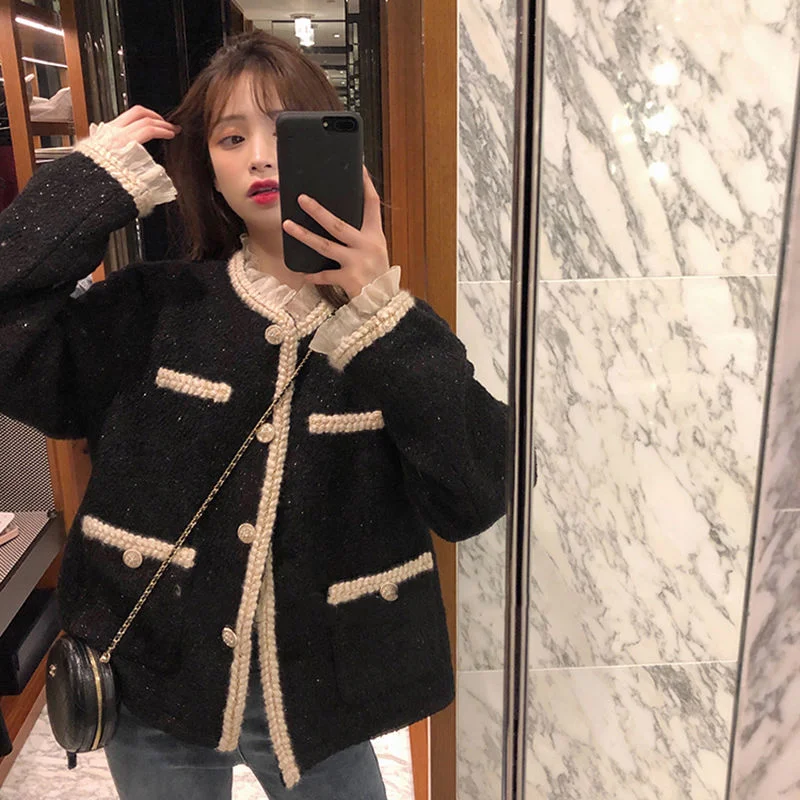 Lace Bright Tweed Female Coat Women Spring Jacket Autumn Outerwear Coats Channel Style Za Suit Cropped Stripeed Kawaii