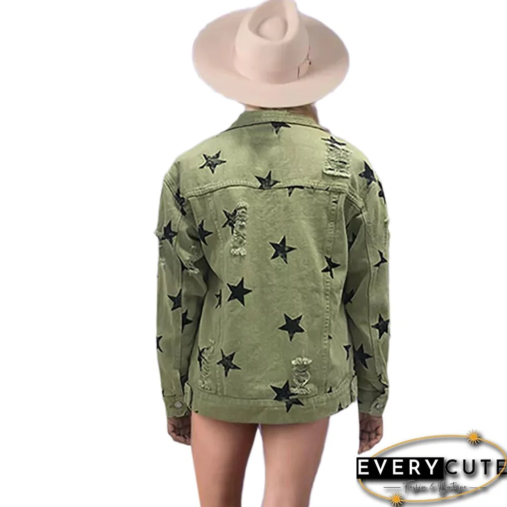 Green Star Print Distressed Denim Jacket