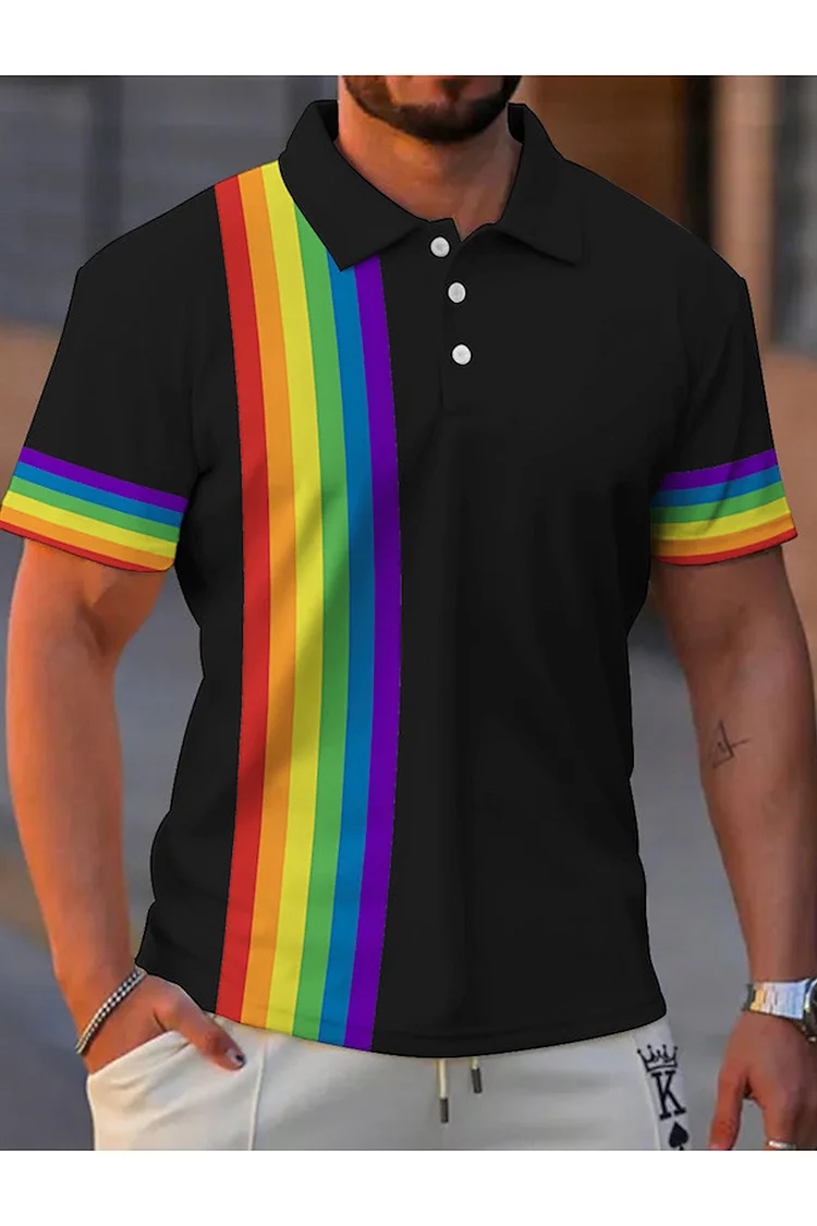 Rainbow Stripe Print Casual Polo Shirt