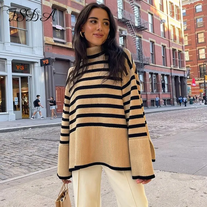 FSDA 2021 Autumn Winter Oversized Pullover Women Knitted Turtleneck Long Sleeve Striped Loose Sweater Casual Fashion Khaki