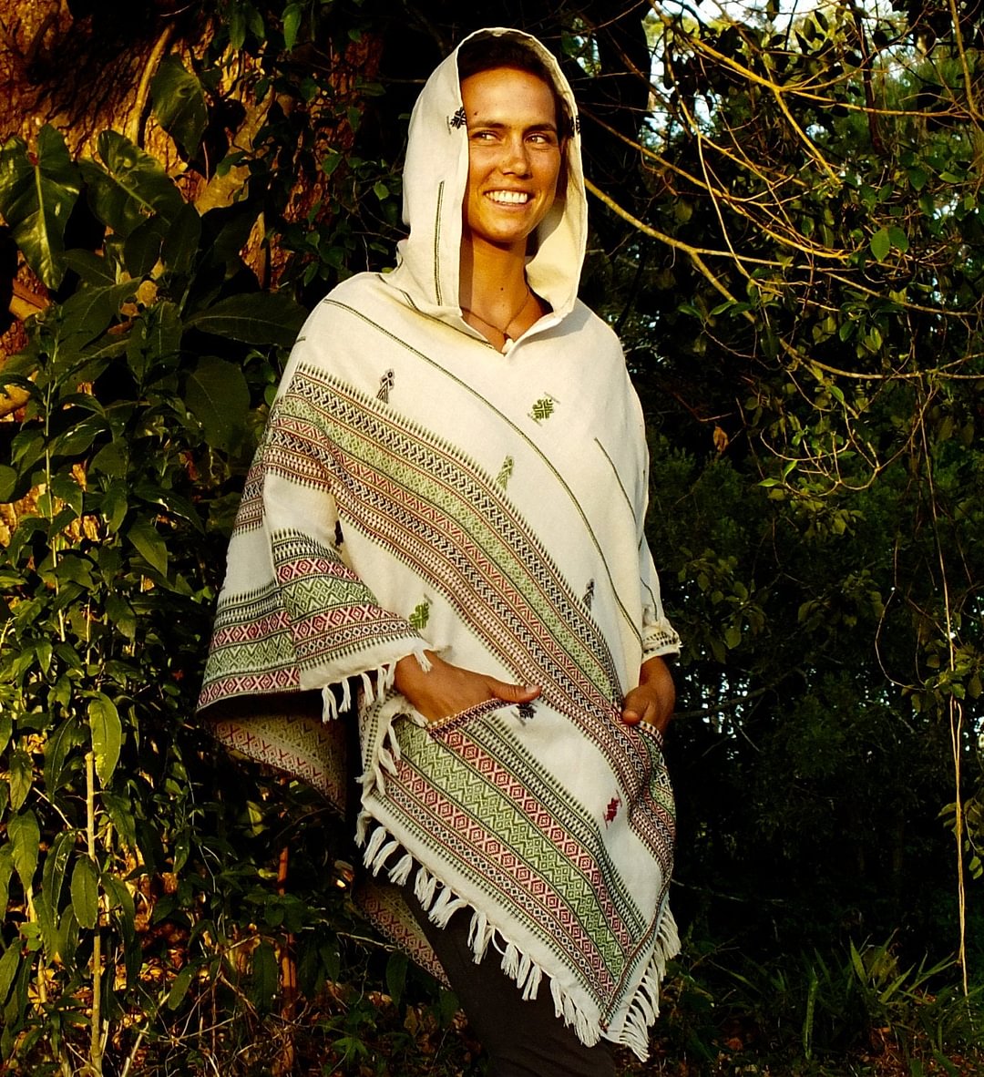 Handmade White Poncho with Hood Cashmere Wool, Earthy Tribal Pattern Festival Gypsy   Boho Bohemian Primitive Nomadic Mexican pockets