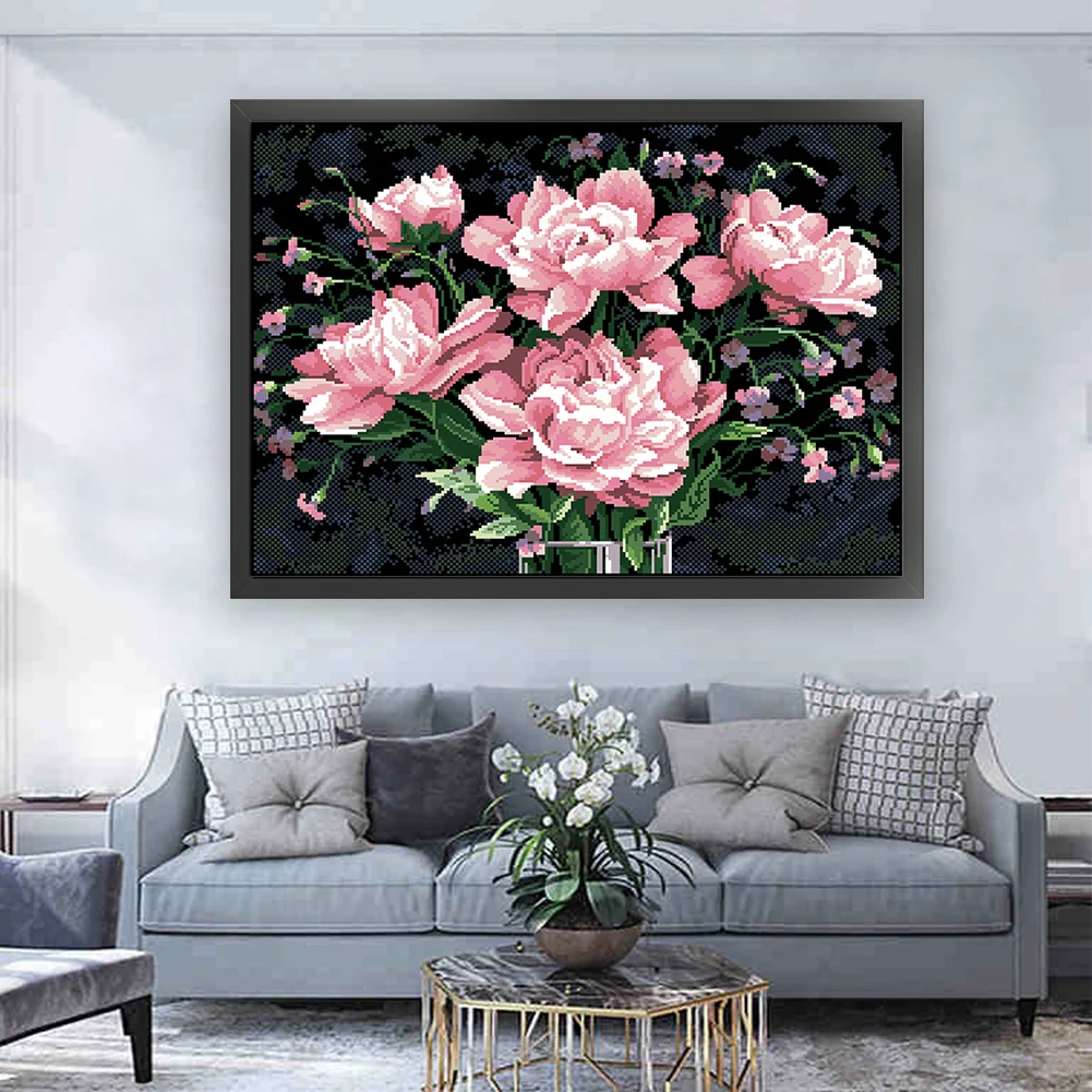 9CT Full Stamped Cross Stitch Bead Embroidery- Peony(Canvas|63*48CM)